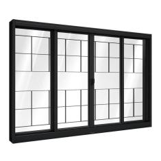 Janela de Aço de Correr Central com Grade Quadrada 4 Folhas 100x200cm Aço Pronto Riobras Preto