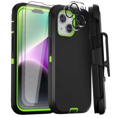 GYJ Capa para iPhone 15 Plus e iPhone 14 Plus, coldre com clipe de cinto de 6,7 polegadas com 2 protetores de tela + 2 protetores de lente de câmera, capa de telefone de grau militar resistente (preto