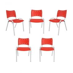 Kit 5 Cadeiras Iso Para Escola Escritório Comércio Vermelha Base Branca