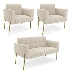 Namoradeira E 2 Poltronas Pé De Ferro Dourado Elisa Bouclê Bege D03 - 