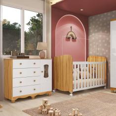 Quarto de Bebê Cômoda com 1 Porta Janelada e Berço com Rodízios 100% MDF Lana Espresso Móveis Branco Brilho/Amêndoa
