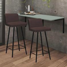 Kit Mesa Suspensa de Parede Fixa mdf Verde Oliva + 2 Banquetas Lexi Ferro Preto Corino Marrom - Ahazzo Móveis