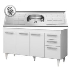 Balcão Gabinete Lis e Pia Inox 150cm 4 Portas Branco