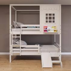 Beliche Casinha Reta com Grade Removível e Escorregador Madeira Maciça Branco Housin