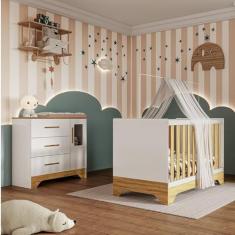 Quarto de Bebê Cômoda 1 Porta com Janela e Berço Minicama 100% Mdf Liam Espresso Móveis Branco Brilho/Amêndoa