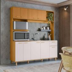 Kit Cozinha 9 Portas 1 Gaveta para Pia Liz Freijo/Ripado/Off Acetinado