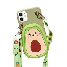 SGVAHY Capa carteira para iPhone 11 com cordão de alça fofa bolsa de moeda de abacate capa de telefone engraçada kawaii de silicone macio à prova de choque para mulheres e meninas