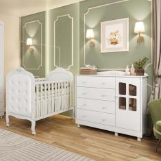 Quarto de Bebê com Berço Mini Cama com Capitonê MDF Cômoda Elô New Móveis Peroba