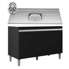 Balcão de Cozinha Com Pia Inox 120cm 3 Portas Manu Preto - AJL Móveis