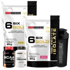 Kit 2x Whey Protein Isolado Six Gold 2kg + Creatina 100g + BCAA 100g + Coqueteleira- Bodybuilders-Unissex