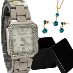Relógio Feminino Original Quadrado + Brincos Colar Folheado - Azmar Se