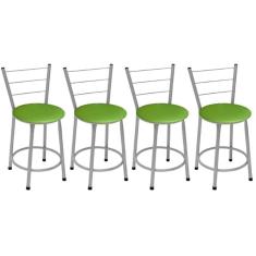 Kit 4 Banquetas Baixas Prata com Encosto Assento Verde