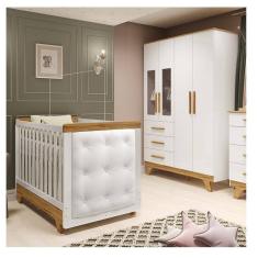 Quarto de Bebê Berço com Capitonê e Guarda-roupa com Janelas 100% Mdf Retrô Kakau Espresso Móveis Branco Brilho/Amêndoa/Branco