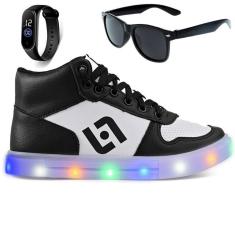 Tenis Infantil De Led Meninos Botinha Cano Alto Escolar Casual Basico + Oculos Relogio-Masculino