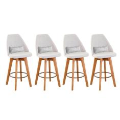 Kit 04 Banquetas Alta Maya Giratória Com Encosto Gourmet Linho Bege e Almofada Sintético Branco - Aurora Line