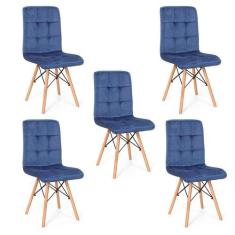 Conjunto 05 Cadeiras Eiffel Gomos Veludo Estofada Base Madeira - Azul