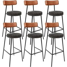 Kit 06 Banquetas Alta Cozinha Sala De Jantar Milão L02 Couríssimo Camel Linho Chumbo - Lyam Decor