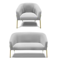 Sofá Namoradeira E Poltrona Pé De Ferro Dourado Stella Suede D03 - D'rossi Cor Cinza