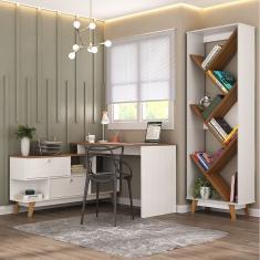Kit 2 Peças Para Escritório Com Escrivaninha Em L E Estante Multiuso Para Livros Branco-nogal