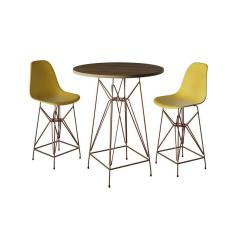 Jogo Mesa Bistrô Eames Tampo Amêndoa 60Cm 2 Banquetas Amarela Base Ferro Cobre - Cor: Amendoa