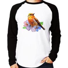 Camiseta Raglan Pássaro E Flores Manga Longa - Foca Na Moda