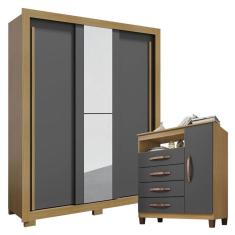 Guarda Roupa Solteiro Nevoa Flex 3 Portas de Correr com Espelho e Cômoda Sapateira Cannes Carvalho Americano Grafite – Incorplac