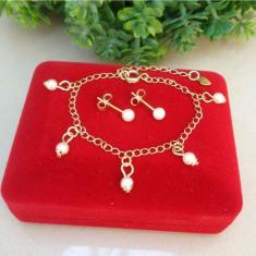 Conjunto Infantil Pulseira + Brinco Perola Banho De Ouro