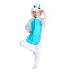 Fantasia Pijama Macacão de Unicórnio Kigurumi Infantil Branco e Azul C