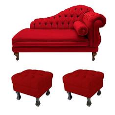 Recamier Divã Namoradeira Larissa 150cm + 2 Puffs Retrô Suede Vermelho - LM DECOR