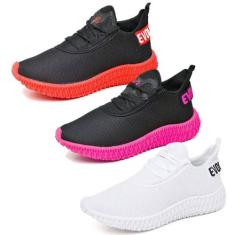 Kit 3 Pares de Tênis Feminino Caminhada Colmeia Exclusivo Preto/Rosa e