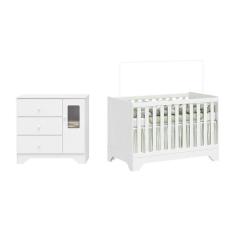 Quarto De Bebê Cômoda 1 Porta Com Janela E Berço Minicama 100% Mdf Ravy Espresso Móveis Branco Brilho