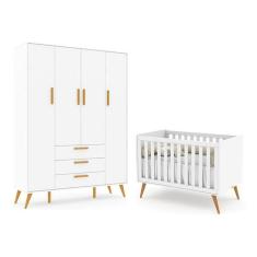 Jogo de Quarto Infantil Retrô com Guarda Roupa 4 Portas e Berço - Matic Móveis