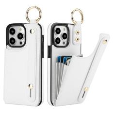 Folosu Capa carteira para iPhone 14 Pro Max com suporte para cartão, alça de pulso de mão, suporte, anel de aperto de dedo com bloqueio de RFID, couro PU, botões duplos, capa à prova de choque, 17 cm,