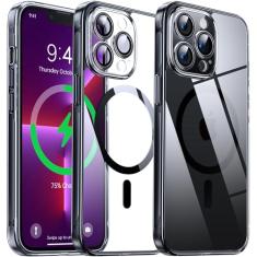 Flyzoo Capa transparente híbrida magnética para iPhone 13 Pro - [Compatível com MagSafe] [Protetor de câmera embutido] [Não amarela] Capa de telefone rígida transparente traseira de silicone com borda