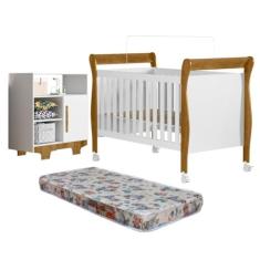 Quarto de Bebê com Berço Mini Cama com Colchão Slim e Cômoda 100% Mdf 1 Porta 3 Prateleiras Flocos Branco/madeirado Ypê