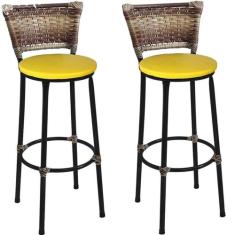 Kit 2 Banquetas Altas Preta com Encosto Junco Capuccino Assento Amarel