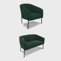 Sofá Namoradeira e Poltrona Pé Ferro Preto Stella Bouclê Verde D03 - D'Rossi