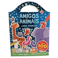 Livro Diversão Amigos Animais: kit com 1 livro de colorir de 12 páginas + 2 folhas de adesivos + Moldes + 1 pôster