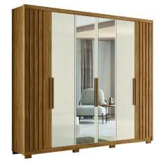 Guarda Roupas Casal Ripado com Espelho 6 Portas 4 Gavetas 2,60m Araguaia Freijó / Off White Moval