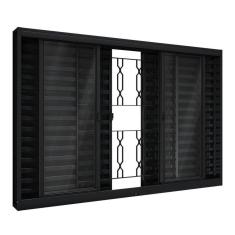 Janela de Aço Veneziana de Correr Central com Grade Mosaico 6 Folhas 100x100cm Aço Pronto Riobras Preto