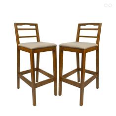 Kit 2 Banquetas para Bancada Alta em Madeira Grécia Amêndoa Linho Bege CCS