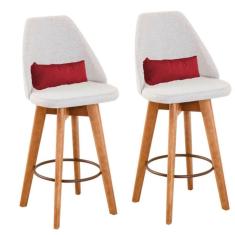 Kit 02 Banquetas Linho Bege E Almofada Suede Vermelho