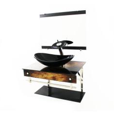 Gabinete de vidro 60cm iqx inox com cuba oval - madeira rústica - Cuba