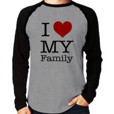 Camiseta Raglan I Love My Family Manga Longa - Foca na Moda, Cinza, Pr