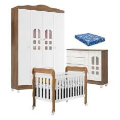 Quarto de Bebê New Selena 4 Portas com Berço Lila e Cômoda Selena Branco Acetinado Amadeirado e Colchão Ortobom – Carolina Móveis