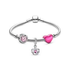 Pulseira Infantil com Berloques Prateado. Coração Rosa - JMH Sets, 21 
