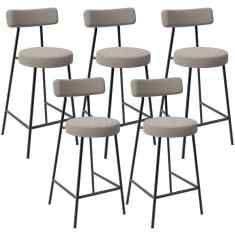 Kit 05 Banquetas Baixa Milão L02 Assento Poliéster Estrutura Aço Encosto Fixo 60 cm Creme Cozinha