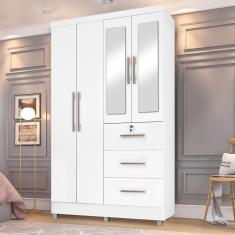 Guarda Roupas Solteiro Com Espelho 4 Portas 3 Gavetas com pés Tokio Branco / Branco Lilás Flex 