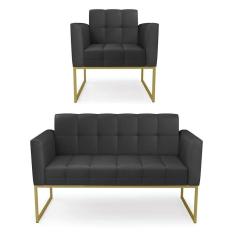 Kit 1 Sofá Namoradeira E 1 Poltrona Elisa Corino Preto Base Metálica Industrial Dourado - D`rossi
