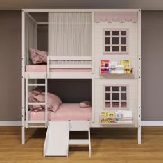 Beliche Casinha Reta com 02 Janelas Escorregador e Cortina Madeira Maciça Branco/ Rosa Housin